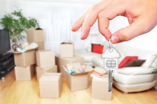 Packed boxes and household items prepared for removal van transport