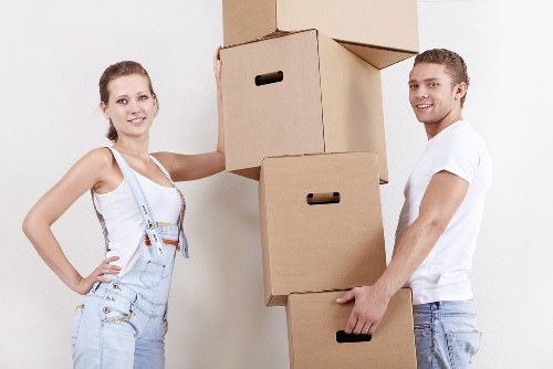Packed office equipment prepared for commercial moving services